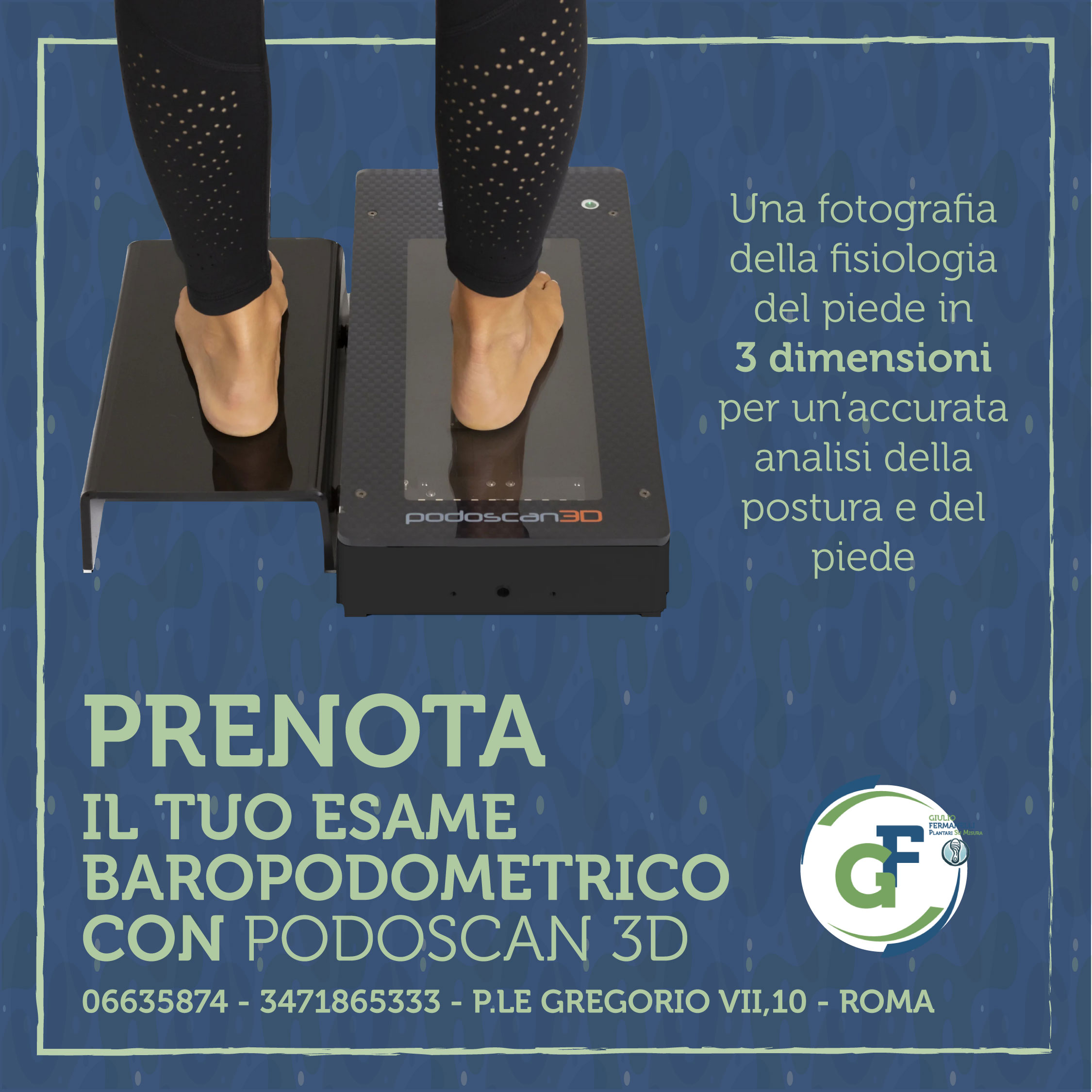 immagine rappresentante un paziente in piedi su una pedana Podoscan 3D che sta eseguendo un esame baropodometrico