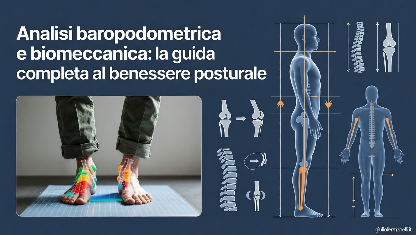 Rappresentazione grafica di un'analisi baropodometrica e biomeccanica per la valutazione della postura del piede e della colonna vertebrale.