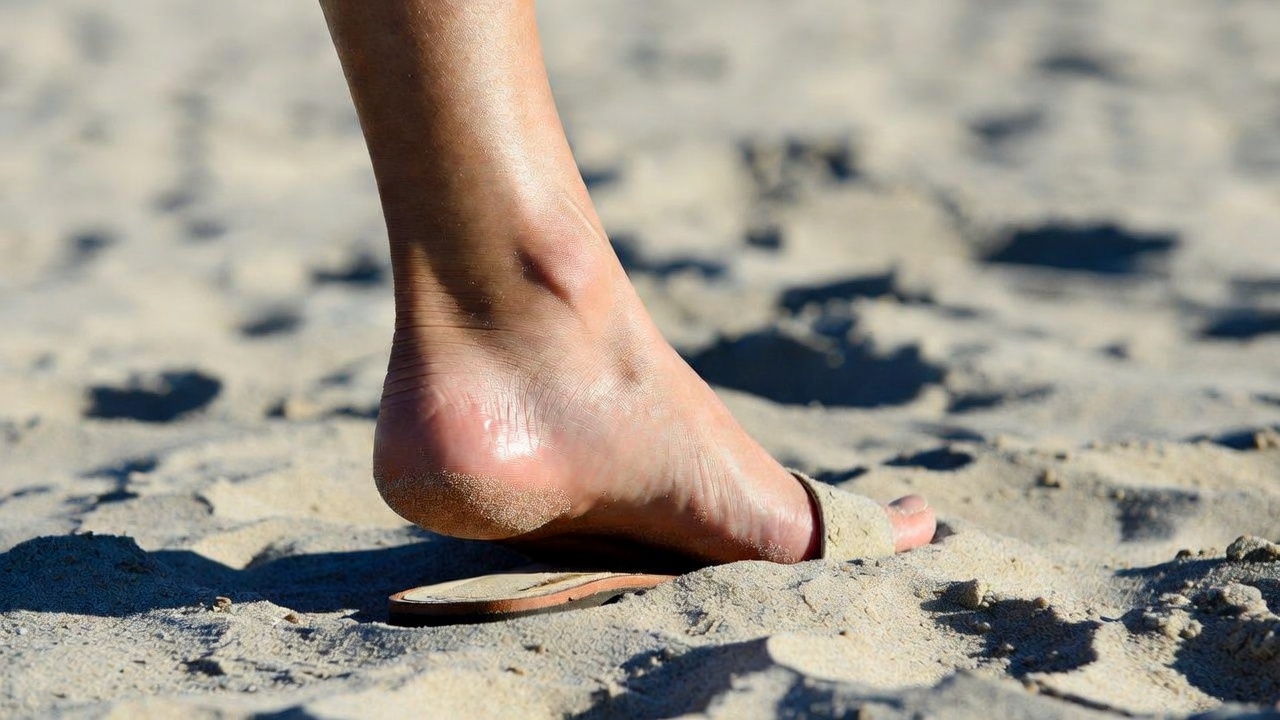 Piede con fascite plantare su sabbia in estate mentre indossa infradito